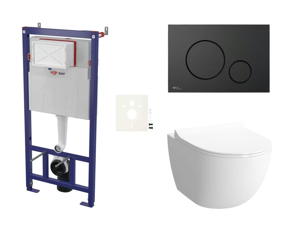 Viseći podžbukni WC školjke set SAT Infinitio s crnom mat tipkom za ispiranje i daskom soft Close.
