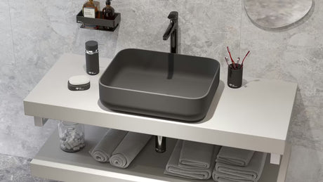 Mat crni keramički umivaonik na ploču SAT Infinitio bez preljeva, 50x39 cm