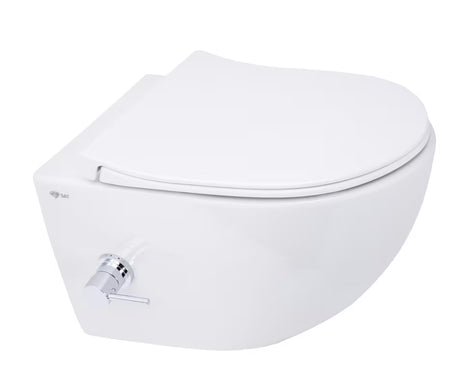 Bijeli viseća WC školjka SAT Infinitio s integriranom bide funkcijom, bočnim upravljanjem i sjedalom soft Close.