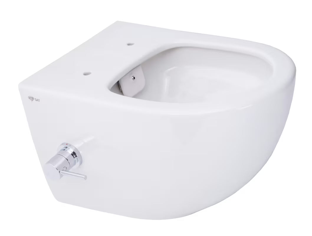 Bijeli viseća WC školjka SAT Infinitio s integriranom bide funkcijom, bočnim upravljanjem i sjedalom soft Close.