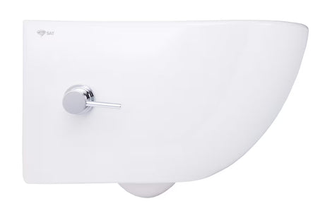 Bijeli viseća WC školjka SAT Infinitio s integriranom bide funkcijom, bočnim upravljanjem i sjedalom soft Close.