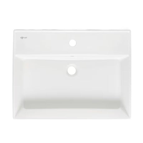Bijeli keramički viseći umivaonik SAT Infinitio 60,5x46,5 cm s preljevom i otvorom pro slavinu u sredini.
