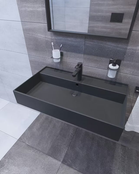 Keramički umivaonik SAT Infinitio 80,5x46,5 cm u crnoj mat boji s preljevom i pravokutnim oblikom.