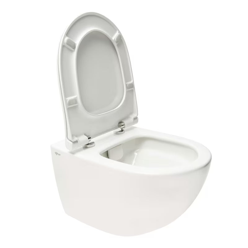 Bijeli viseća WC školjka SAT Infinitio s bezrubnim ispiranjem Rim-Ex i sjedalom sa soft Close.