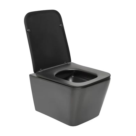 Crni mat viseća WC školjka SAT Infinitio pravokutnog dizajna s wc daskom soft Close i sa skrivenim pričvršćenjem.