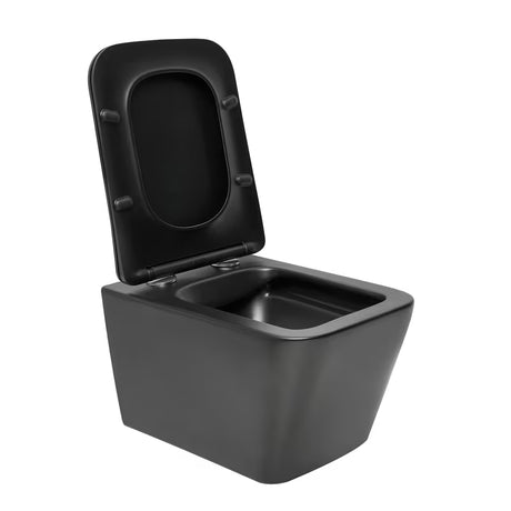 Crni mat viseća WC školjka SAT Infinitio pravokutnog dizajna s wc daskom soft Close i sa skrivenim pričvršćenjem.