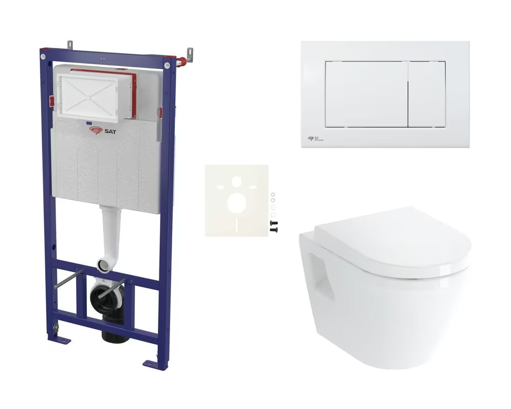 Viseći WC set vitra Integra s predzidnom instalacijom, vodokotlićem SAT i bijelom tipkom za ispiranje