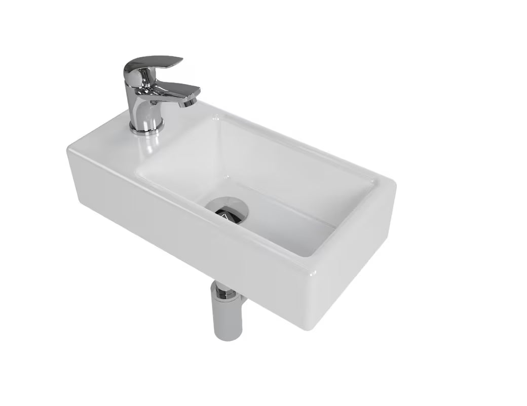 Kupaonski set SAT Brevis s lijevim bijelim umivaonikom za gostinjski WC 40,5×20,5 cm i kromiranom slavinom