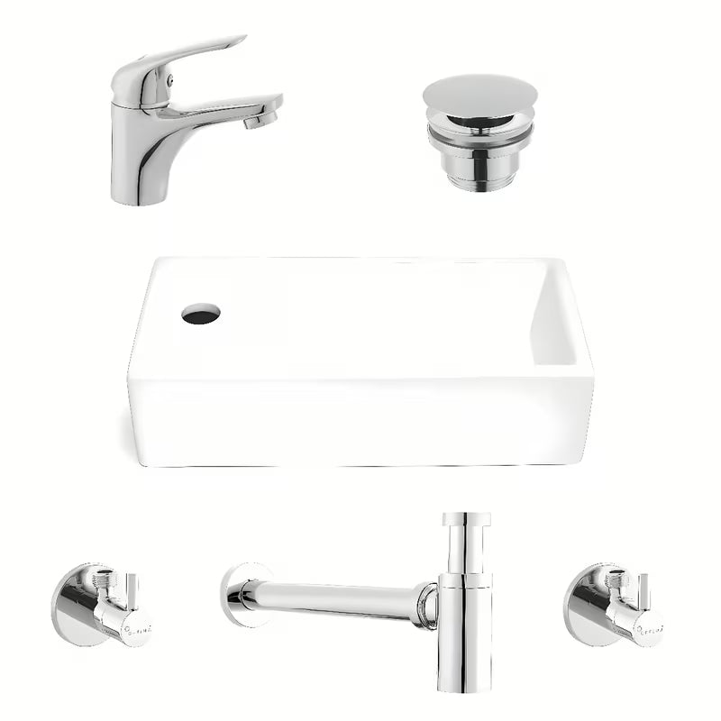 Kupaonski set SAT Brevis s lijevim bijelim umivaonikom za gostinjski WC 40,5×20,5 cm i kromiranom slavinom