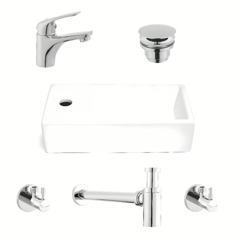 Kupaonski set SAT Brevis s lijevim bijelim umivaonikom za gostinjski WC 40,5×20,5 cm i kromiranom slavinom