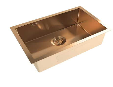 Kuhinjski jednostruki sudoper SAT Aurum od brušenog nehrđajućeg čelika u boji rose gold pro montaža ispod ploče.