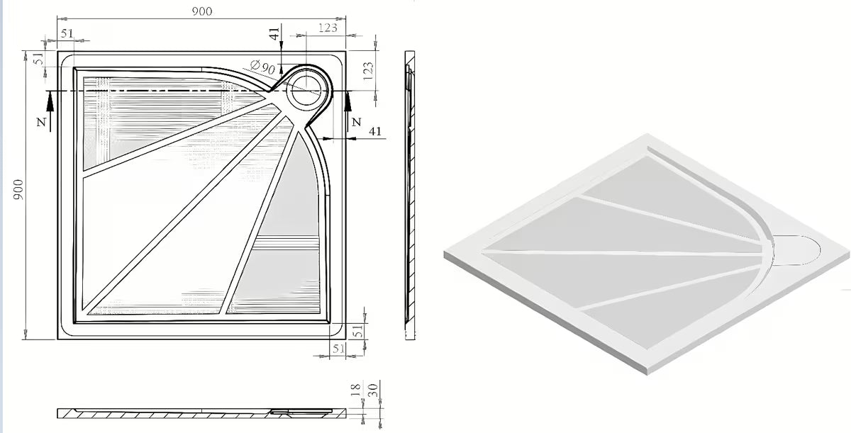 Bijela kvadratna tuš kada SAT Limcc 90x90 cm od lijevanog mramora s pokrivenim kutnim odvodom