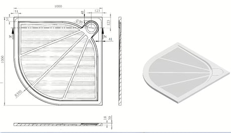 Bijela polukružna tuš kada SAT Limcc 100x100 cm od lijevanog mramora s pokrivenim odvodom u kutu