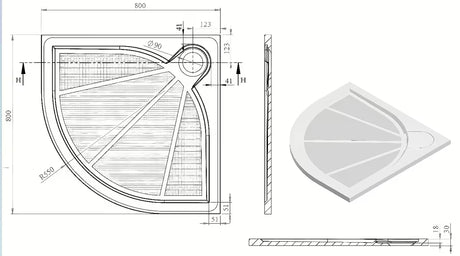 Bijela polukružna tuš kada SAT Limcc 80x80 cm od lijevanog mramora s pokrivenim odvodom u kutu