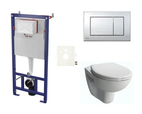 Viseći WC set vitra Normus pro za ugradnju u lagane zidove s vodokotlićem SAT i tipkom za ispiranje u sjajnom kromu.