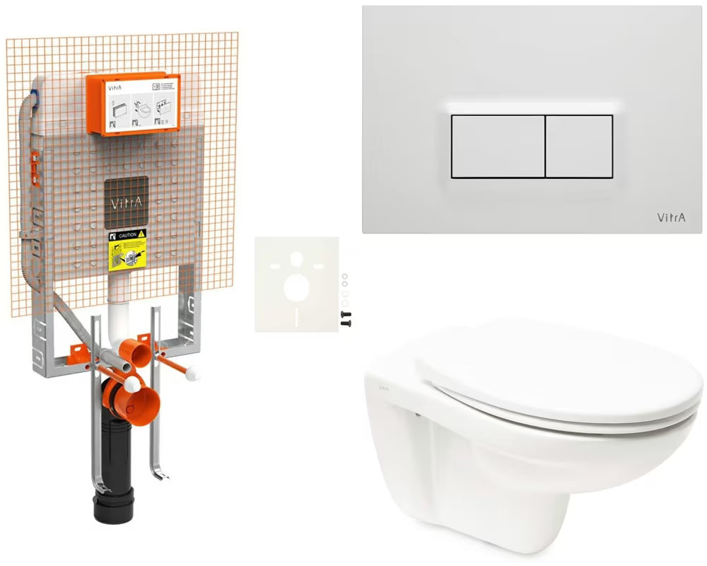 Viseći WC set vitra Normus za ugradnju u zid sa skrivenim vodokotlićem i tipkom za ispiranje u sjajnoj bijeloj boji.