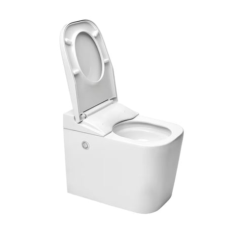Stojeća WC Školjka SAT optimflush u bijeloj boji s integriranim vodokotlićem i bočnom pneumatskom tipkom za ispiranje.