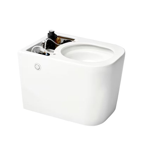 Stojeća WC Školjka SAT optimflush u bijeloj boji s integriranim vodokotlićem i bočnim pneumatskim tipkalom za ispiranje.