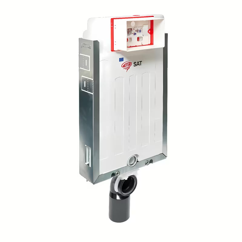 Plava podžbukni vodokotlić SAT pro viseća WC školjka s pocinčanim okvirom i dozatorom za WC školjke tablete.