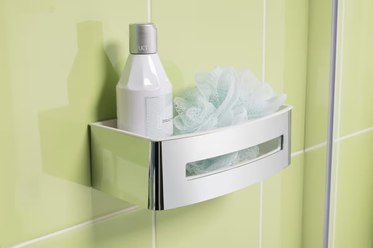 Tuš polica SAT od nehrđajućeg čelika u krom izvedbi s uklonjivim bijelim plastičnim umetkom