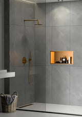 Ružičasto-zlatna ugradbena polica SAT Aurum od nehrđajućeg čelika 304 s okvirom oko niše.