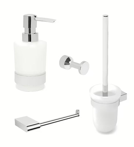 Kromirana set kupaonskih dodataka SAT Project s kukicom, dozatorom za sapun, držačem papira i WC školjke četkom.