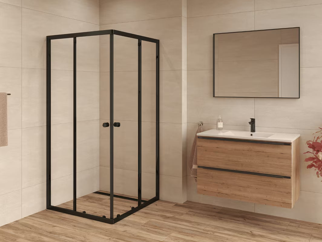 Kvadratni klizni tuš kabina SAT Project 90x90 cm s crnim profilima i prozirnim staklom