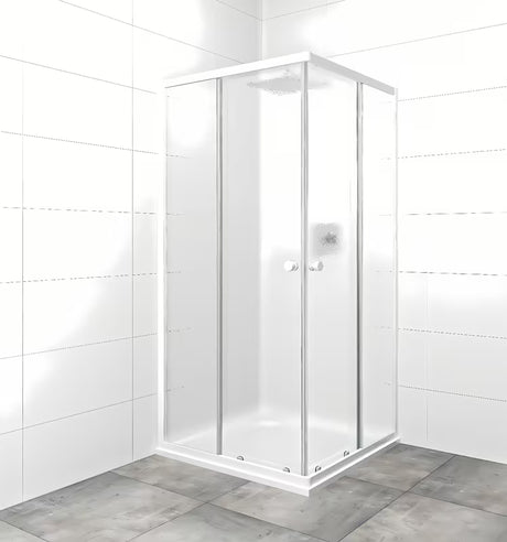 Kvadratna tuš kabina SAT Project 90x90 cm s kliznim vratima, bijelim profilima i neprozirnim staklom chinchilla.