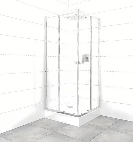 Kvadratna tuš kabina SAT Project 80x80 cm s tuš kadom, s prozirnim staklom i profilima u sjajnom kromu.