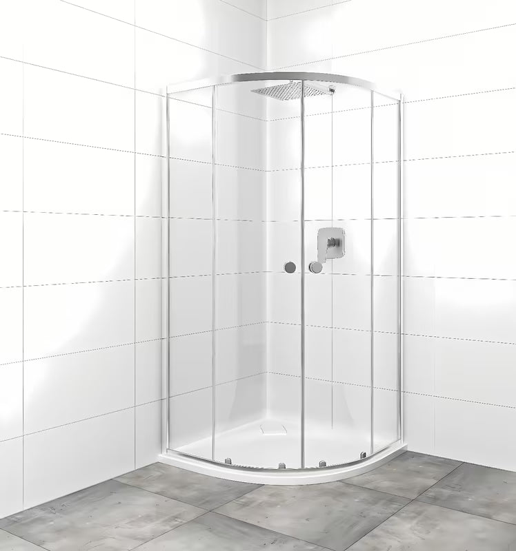 Polukružna tuš kabina SAT Project 90x90 cm s kliznim vratima i prozirnim staklom u sjajnom kromu.