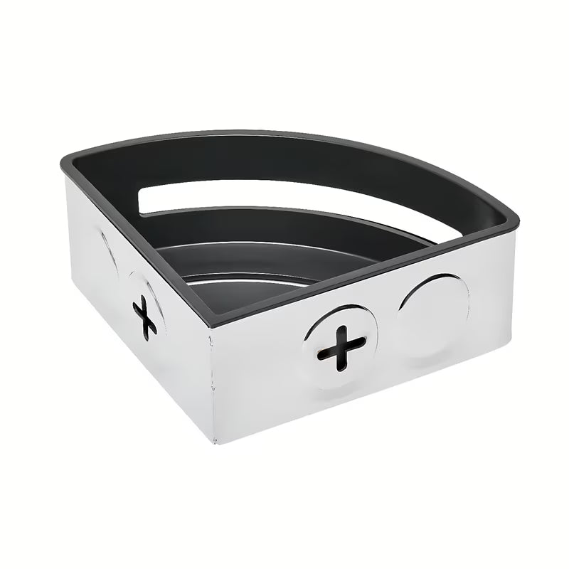 Kutna tuš polica SAT Chrome od nehrđajućeg čelika u krom izvedbi s crnim plastičnim umetkom.