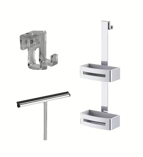 Set kupaonskih dodataka SAT s kukicom, policom i brisačem za staklo u modernom dizajnu.