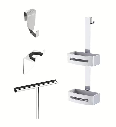 Set kupaonskih dodataka SAT s kukicama, brisačem za staklo i policom pro ujednačen izgled kupaonice.