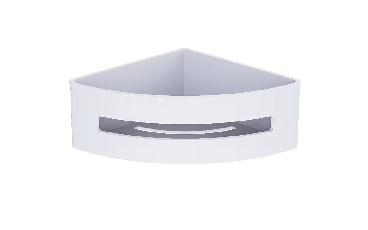 Bijela kutna tuš polica SAT od nehrđajućeg čelika s plastičnim umetkom pro lakše održavanje.