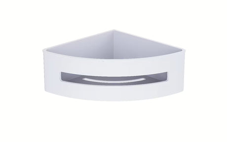 Bijela kutna tuš polica SAT od nehrđajućeg čelika s plastičnim umetkom pro lakše održavanje.