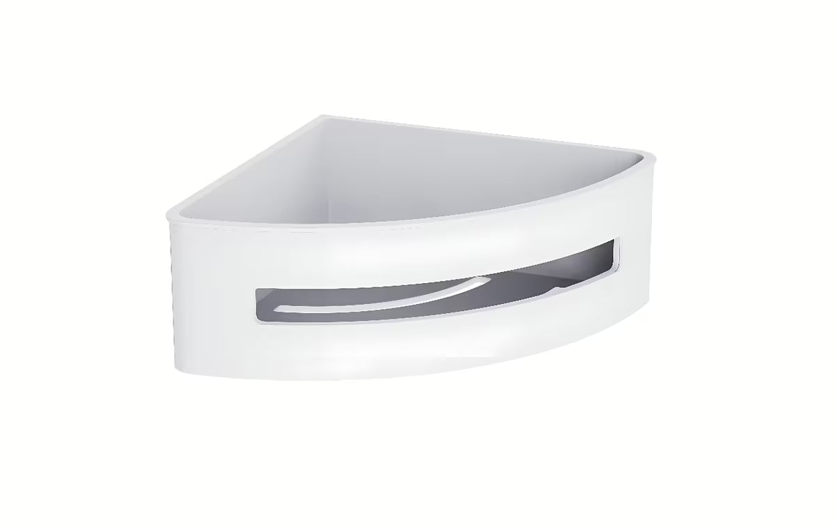 Bijela kutna tuš polica SAT od nehrđajućeg čelika s plastičnim umetkom pro lakše održavanje.