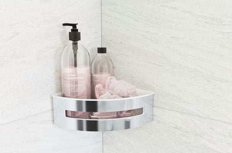 Kutna tuš polica SAT Chrome u krom izvedbi s bijelim plastičnim umetkom od nehrđajućeg čelika