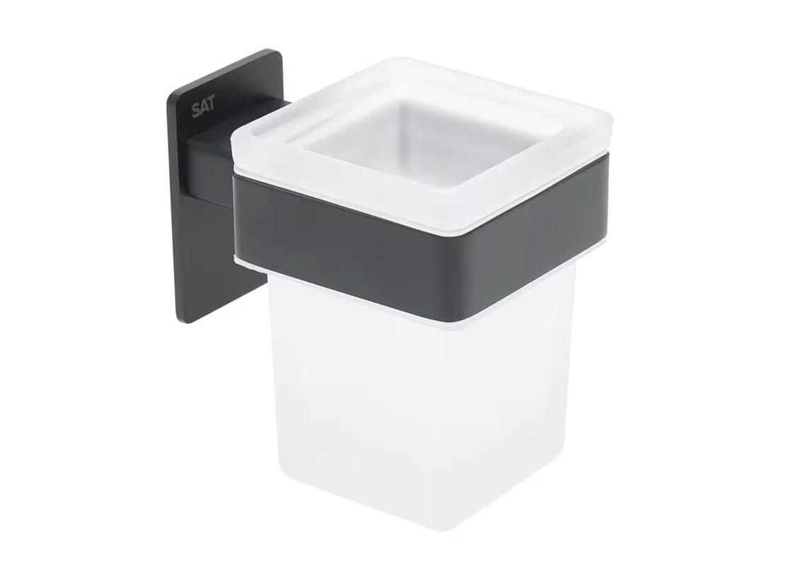 Crni inox držač čaša SAT za kupaonicu pro montaža lijepljenjem bez bušenja.
