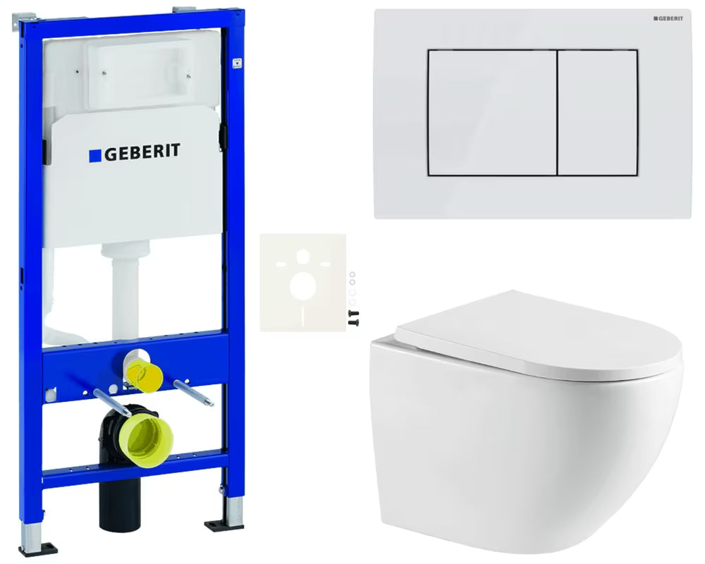 Viseći WC set SAT s modulom Geberit Duofix, vodokotlićem, bijelom tipkom Delta i duroplast sjedalom.