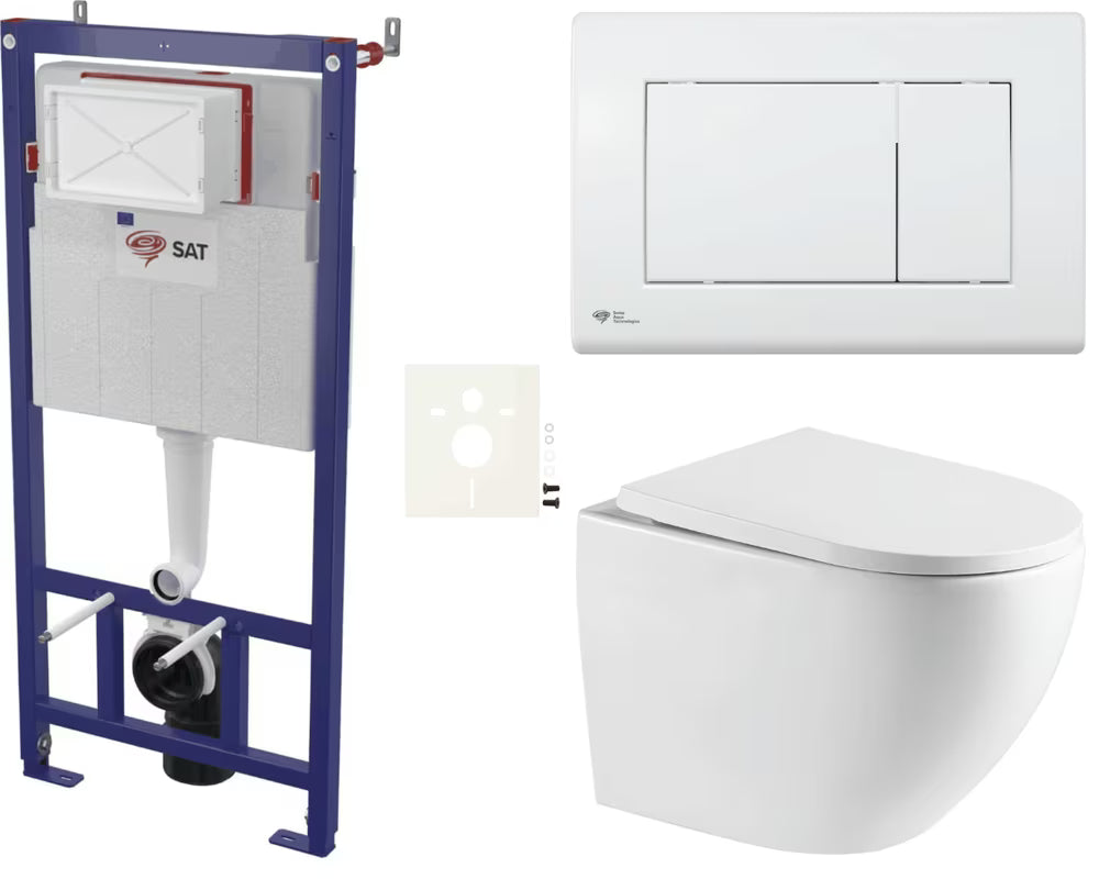 Viseći WC set SAT s podžbuknim modulom, vodokotlićem, bijelim upravljačkim tipkalom i WC daskom soft Close