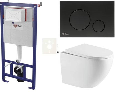 Viseći WC set SAT pro za lagane pregradne zidove s vrtložnim ispiranjem, crnim mat tipkalom i WC daskom soft Close.