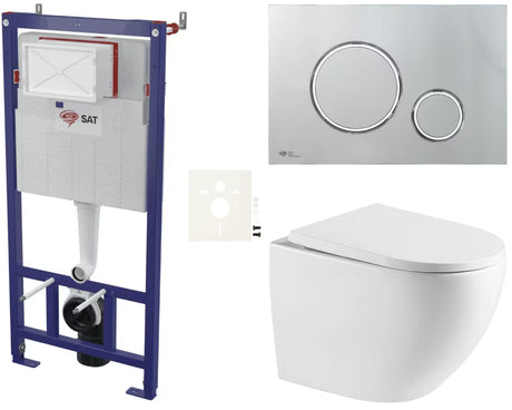 Viseći WC set SAT s modulom za lagane zidove, vodokotlićem, tipkom za ispiranje u sjajnom kromu i duroplast sjedalom.