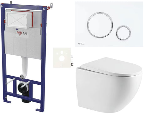 Viseći WC set SAT s podžbuknim modulom, štedljivim ispiranjem i mat bijelom tipkom za ispiranje.