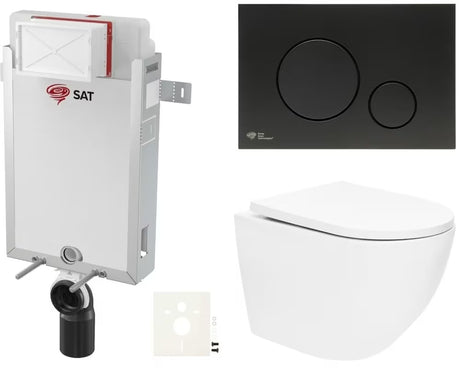 Viseći WC set SAT Fusion s vrtložnim ispiranjem, ugradbenim modulom, vodokotlićem i tipkom u crnoj mat boji