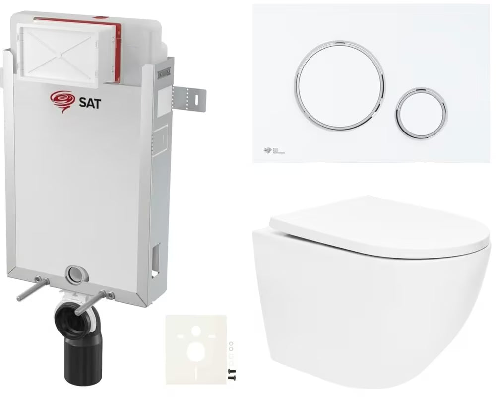Viseći WC set SAT Fusion s vrtložnim ispiranjem, ugradbenim modulom, vodokotlićem i tipkom u mat bijeloj boji
