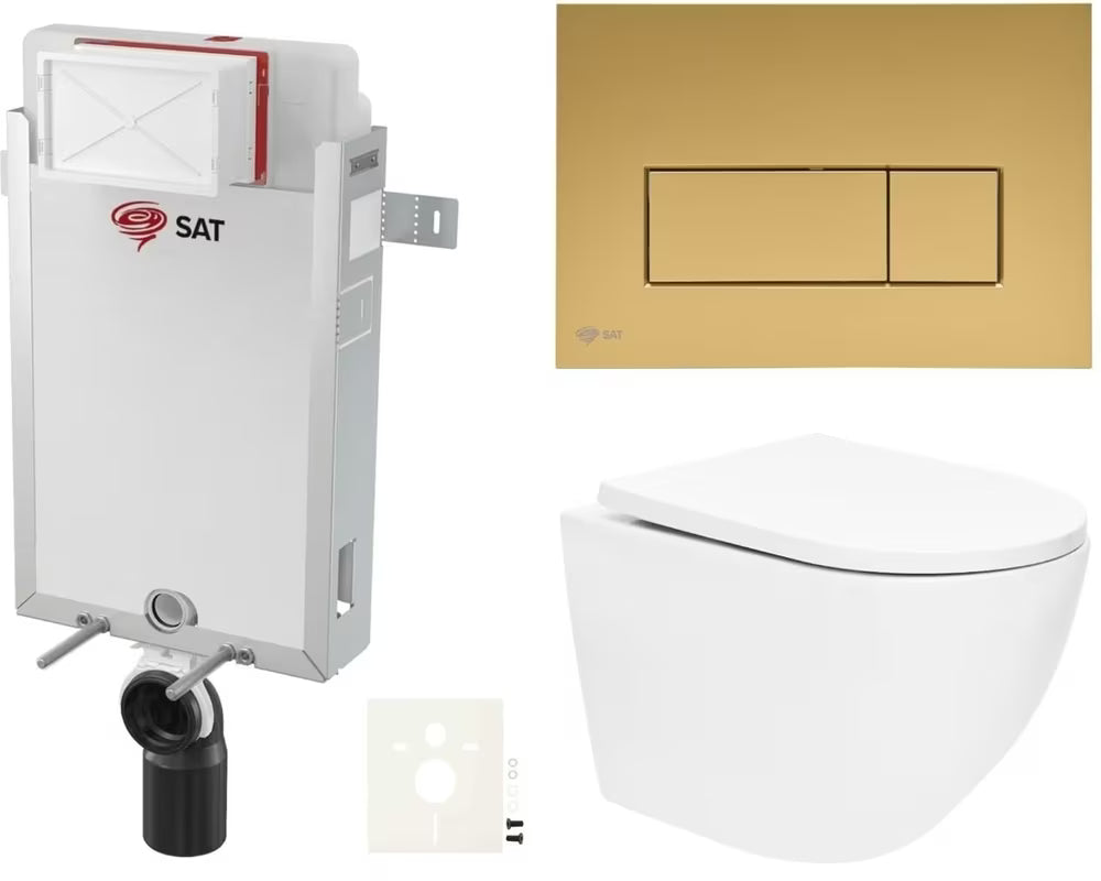Viseći WC set SAT Fusion s vrtložnim ispiranjem i tipkom za ispiranje u boji gold mat