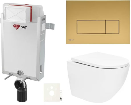 Viseći WC set SAT Fusion s vrtložnim ispiranjem i tipkom za ispiranje u boji gold mat
