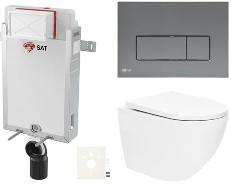 Viseći WC set SAT Fusion s vrtložnim ispiranjem i tipkom za ispiranje u boji gun metal mat.