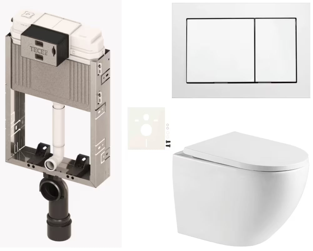 Viseći WC set SAT za ugradnju s modulom i vodokotlićem TECE, bijelom tipkom TECE base i sjedalom soft Close.