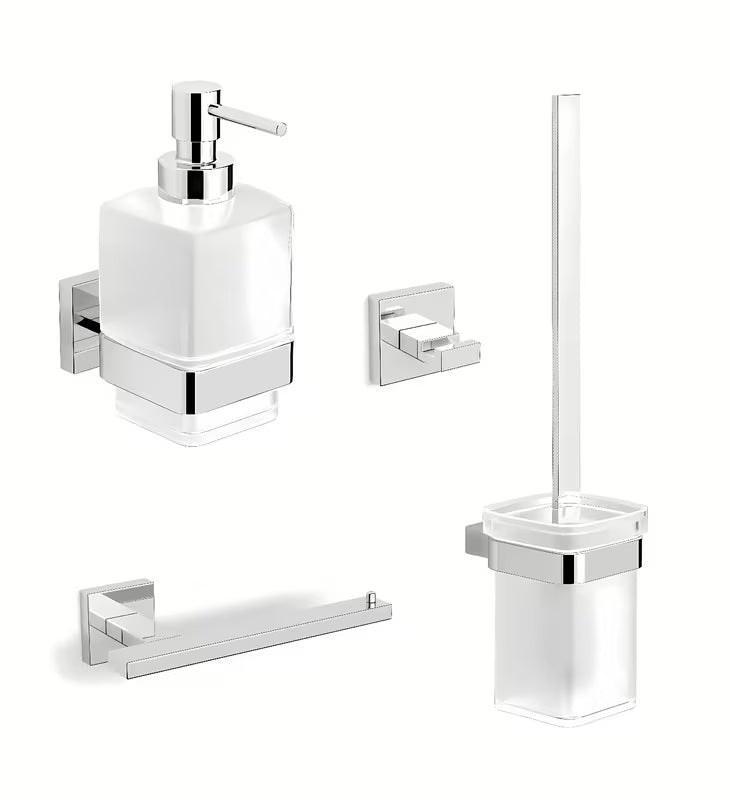 Set kupaonskih dodataka SAT Simply S kukicom, dozatorom za sapun, držačem papira i WC školjke četkom.